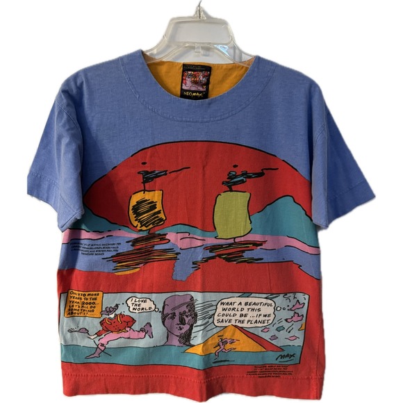 Peter Max Other - Peter Max NEOMAX rare graphic t shirt I Love the World artstrip 1989 VINTAGE Y2K